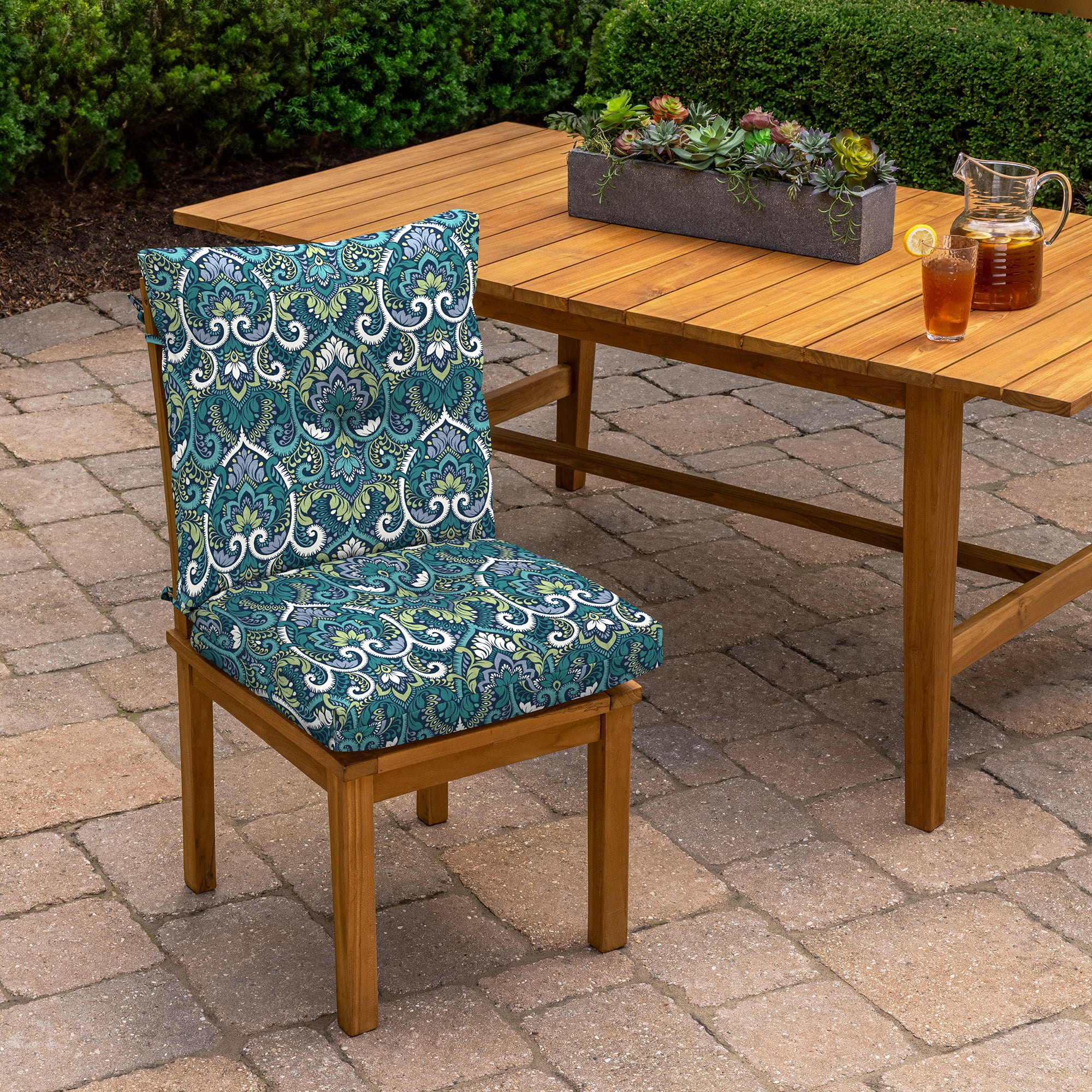 Arden Selections Outdoor Plush Modern Tufted Blowfill Dining Chair Cushion 21 x 40 , Sapphire Aurora Blue Damask