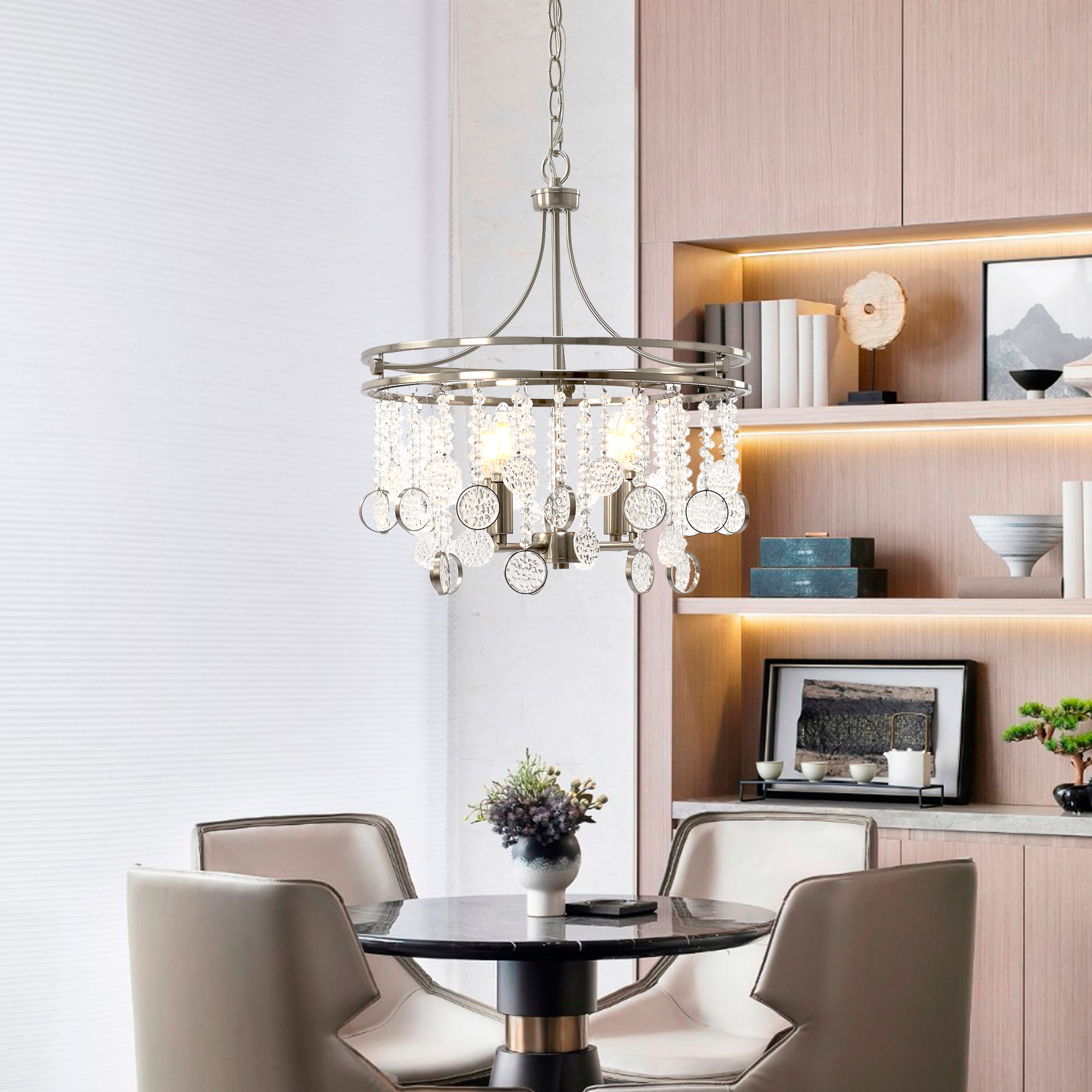 4 Light Chandelier Modern Crystal Chandeliers Lighting Pendant Ceiling Lights Fixture Lamp for Dining Living Room, Nickel