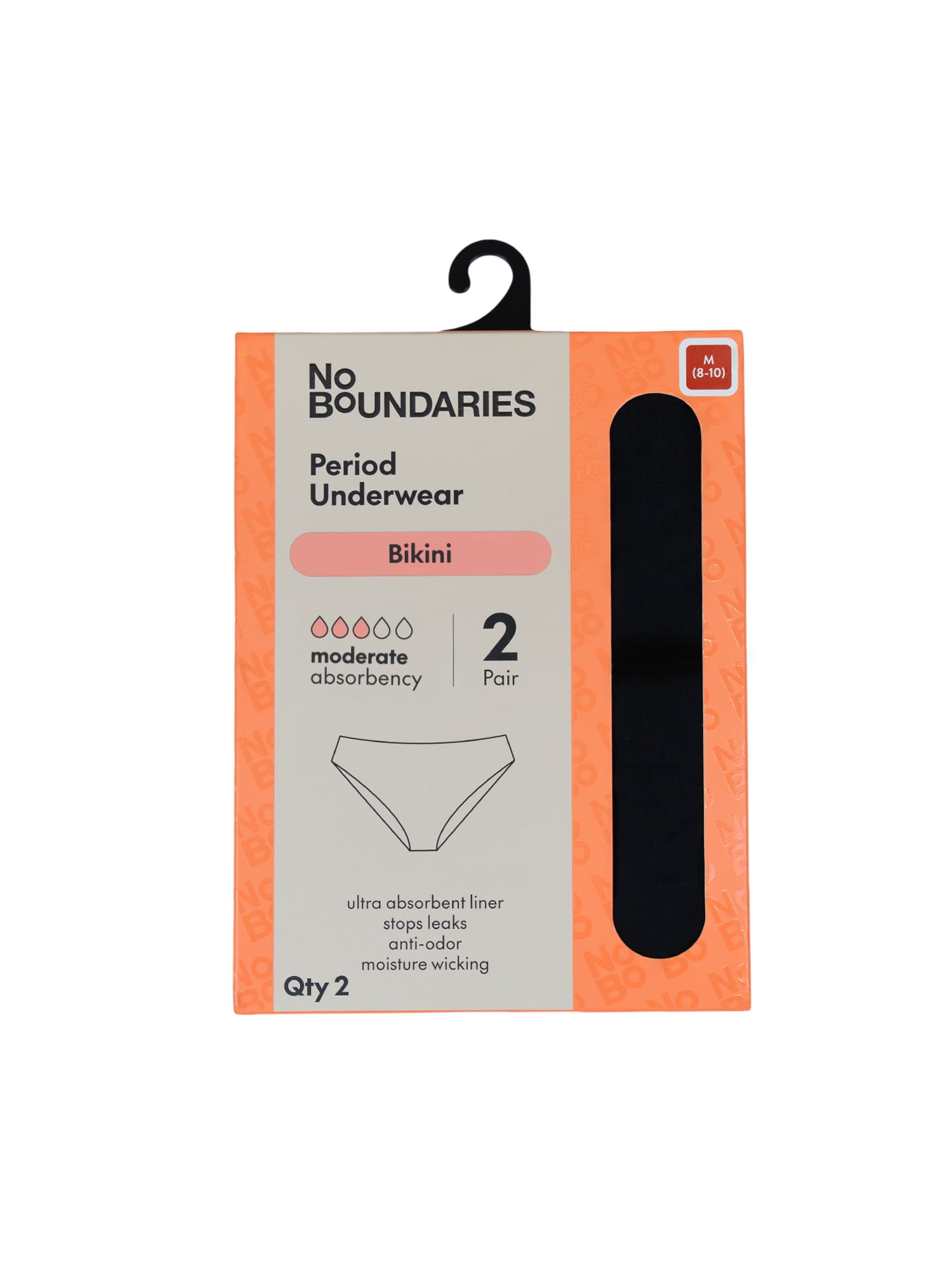No Boundaries Bikini Moderate Absorbency Period Underwear, 2-Pack, Women’s Sizes XS-XXL