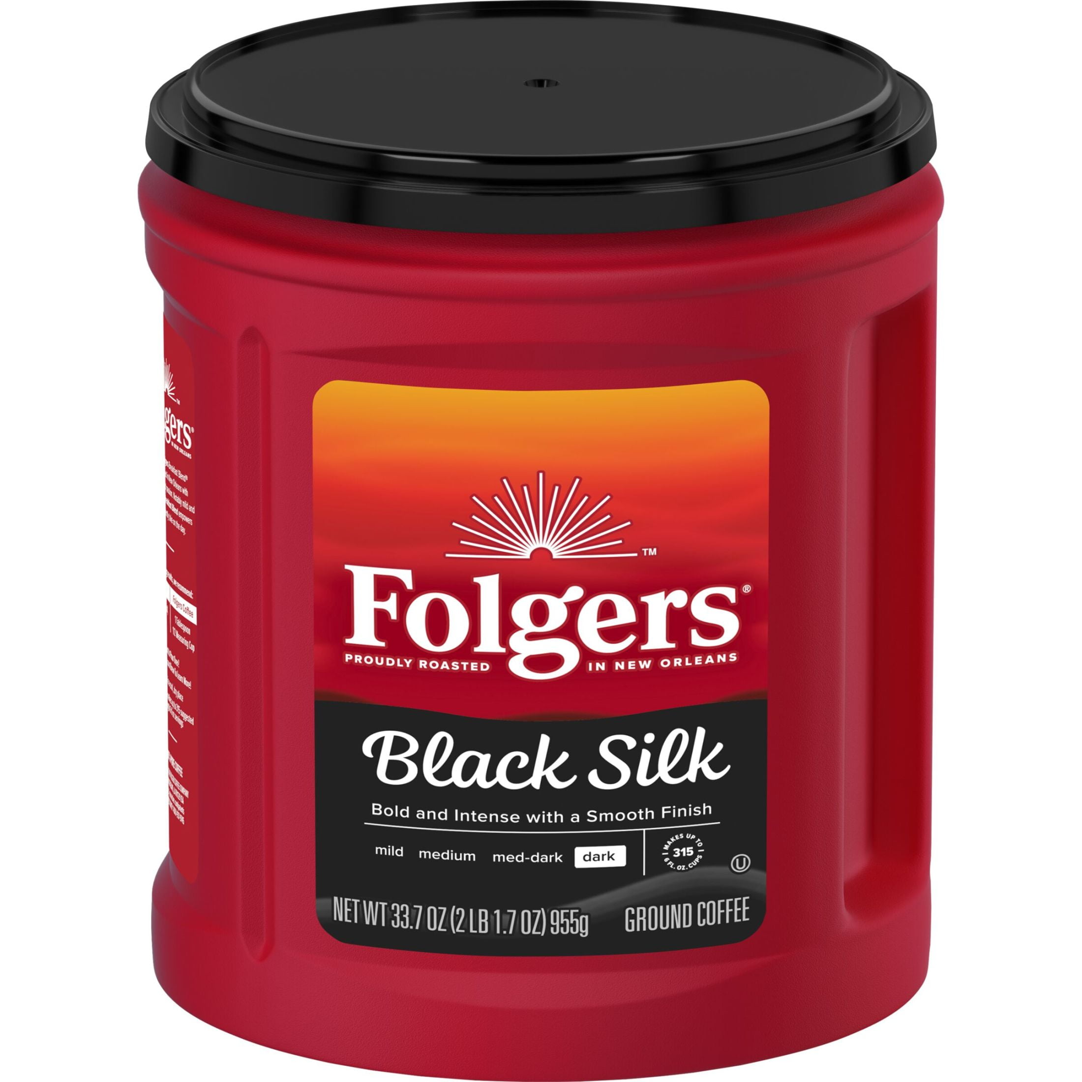 (6 pack) Folgers Black Silk Ground Coffee, Smooth Dark Roast Coffee, 33.7oz Canister
