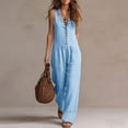 thumbnail image 4 of SZJXBUY Womens Fashion Jumpsuits Dressy Casual Cotton Linen Jumpsuits Dressy Plus Size Wide Leg Sleeveless Ruffled V Neck Button Boho Overall Romper with Pockets Light Blue,M, 4 of 7