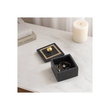 Minimalist Decorative Box for Home Decor - Marble Keepsake Box with Brass Inlay & Lid - Ideal Jewelry Box and Modern Home Organizer - Perfect Addition to Storage Boxes for Shelves - 5  by 5   Black