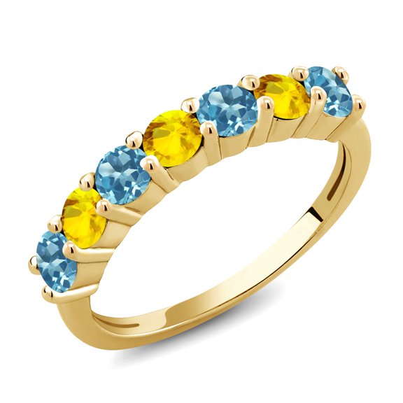 Gem Stone King 18K Yellow Gold Plated Silver Round Swiss Blue Topaz Yellow Sapphire Anniversary Ring for Women (1.28 Cttw, Gemstone Birthstone, Size 8) (Size 8)