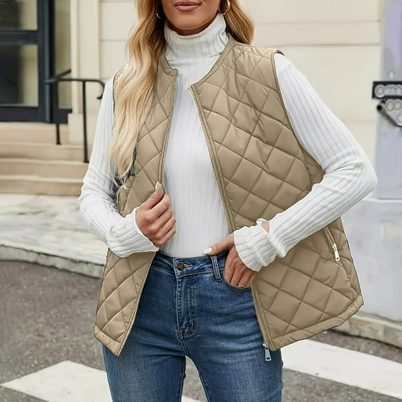 Cotton Quilted Vest Womens Collarless Full Zip Jackets with Pockets Sleeveless Casual Warm Puffer Outerwear Coat (XL, Khaki)