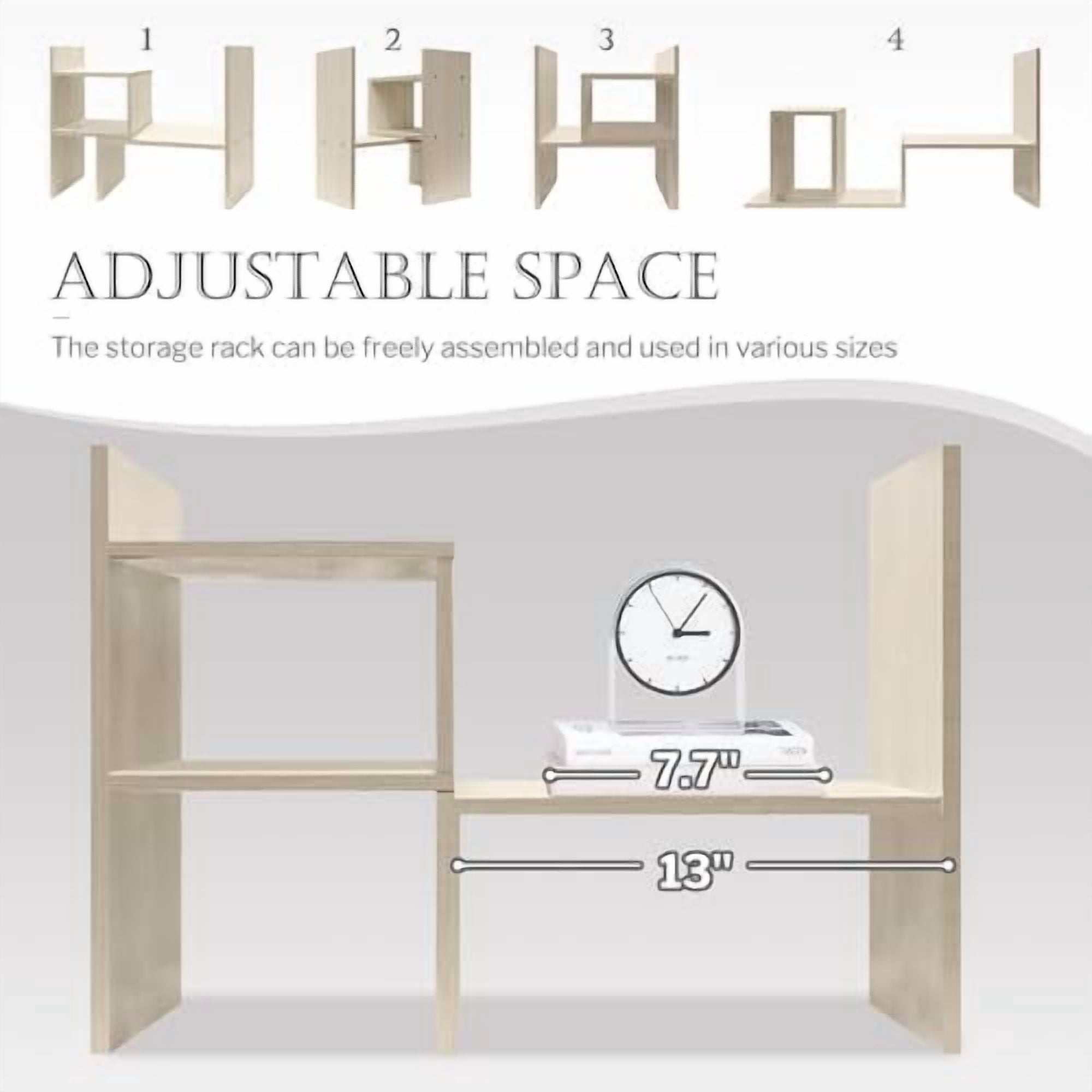 Desktop Organizer Office Storage Rack Adjustable Wood Display Shelf, White, 5 Units, 16"L x 15.8"H x 6.8"W