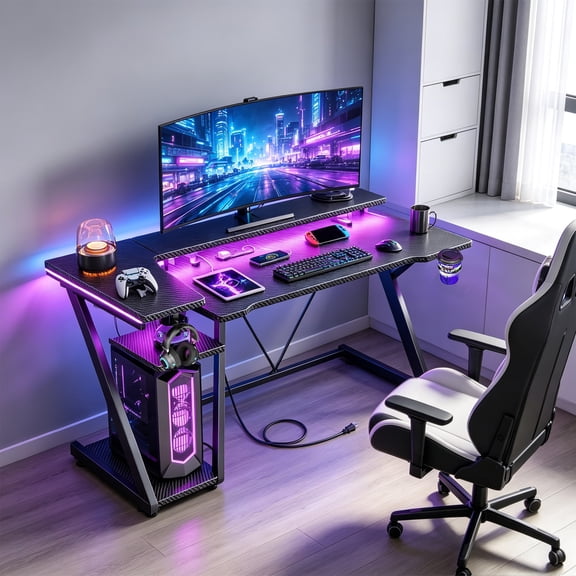 40 Inch Gaming Desk with Power Outlet & LED Lights, L Shaped Computer Gaming Table with 3 Tiers Storage Shelves, Corner Gamer Desk with Monitor Stand for Small Space, Carbon Fiber Black