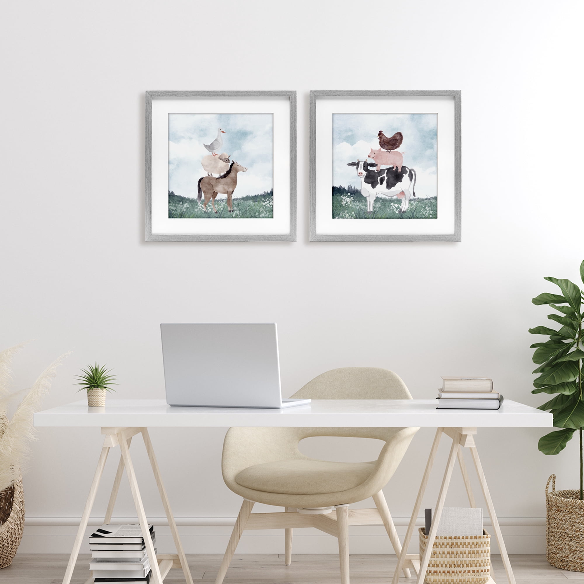 Stupell Industries Stacked Animals Blue Sky Farm 2 Piece Gray Framed Print Under Glass Set, design by Kim Allen