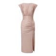 thumbnail image 1 of ZYHT 30842 Women 4 Colors Round Neck Sleeveless Shoulder Pad Solid Color Lady Elegant Ruched Split Bodycon Long Dress, 1 of 5