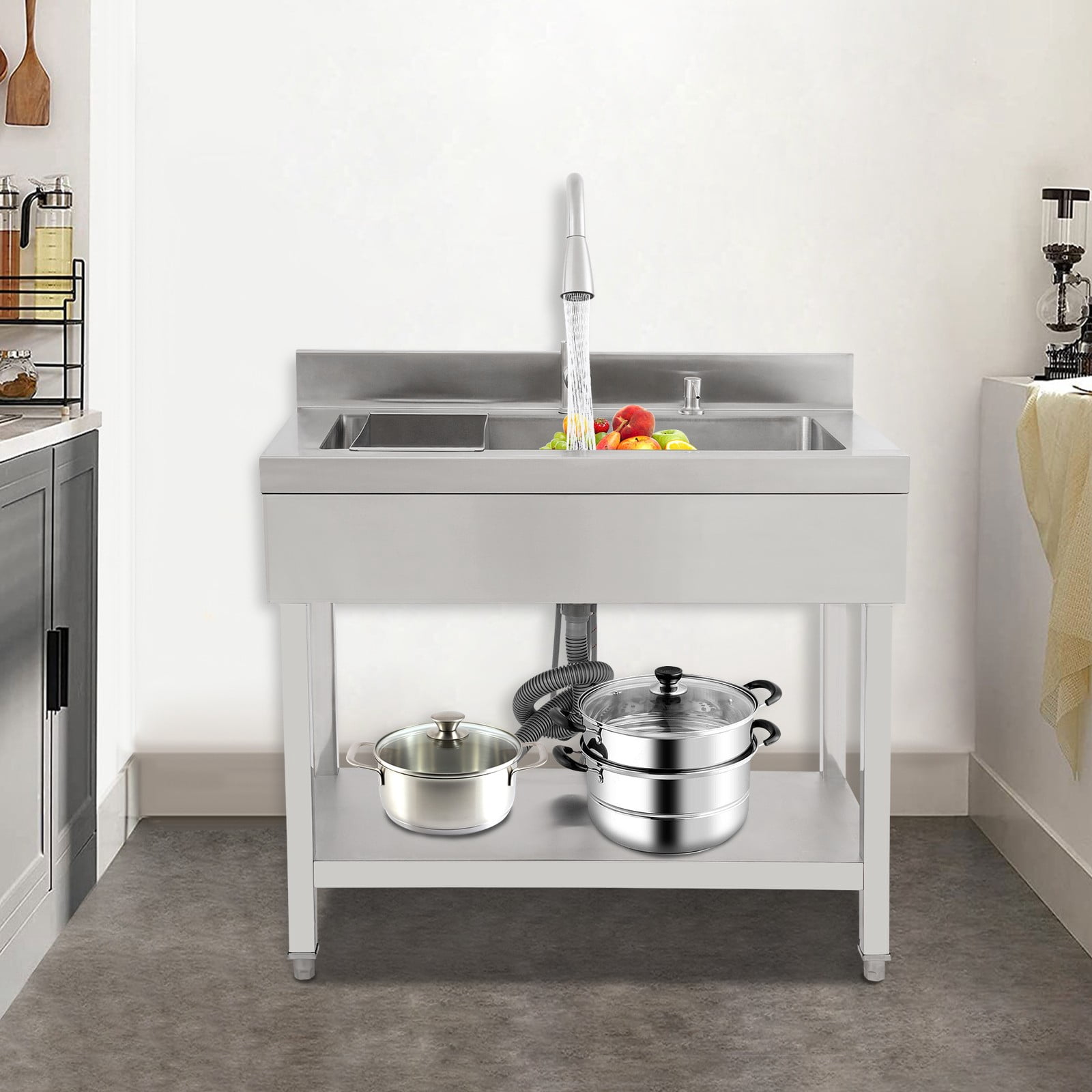 Utility Sink, Stainless Steel Kitchen Sink with Faucet, Freestanding Laundry Tub with Pull-Out Sprayer, 2 Water Modes, Durable & Large Capacity