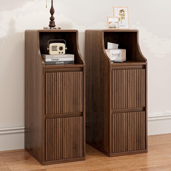 JEJEGORICH Fluted Narrow Nightstand Set of 2, Slim Bedside Table with 2 Drawers, Wooden Vintage Mid Century Modern End Table