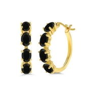 Gem Stone King 18K Yellow Gold Plated Silver Black Onyx Hoop Earrings for Women (3.12 Cttw, Gemstone Birthstone, Oval 6X4MM)