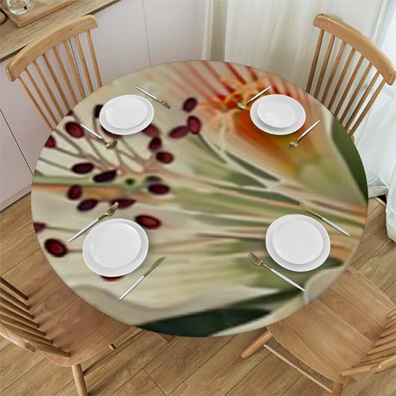 Daffodil Pattern Flower Round Tablecloth Round Fitted Table Cover with Elastic Edge Washable Outdoor Circle Table Cloths for Kitchen Dining Party Picnic Indoor Patio Decor Fits 36"-42" Table