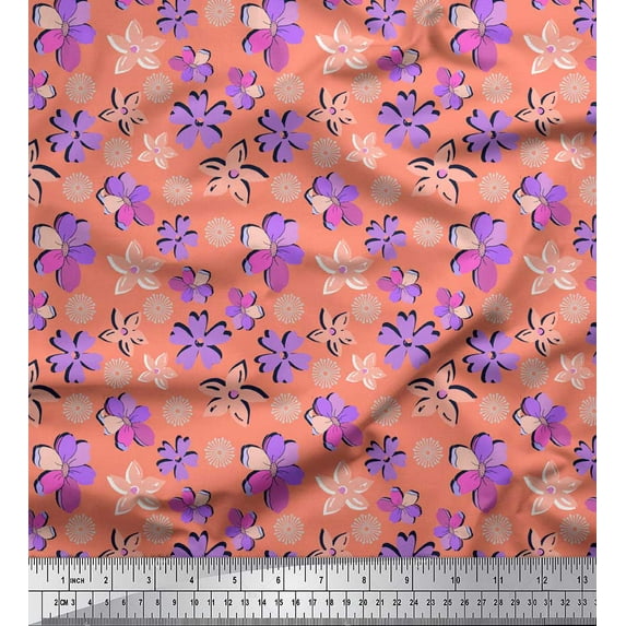 Soimoi Orange Rayon Crepe Fabric Artistic Floral Print Fabric by Yard 46 Inch Wide