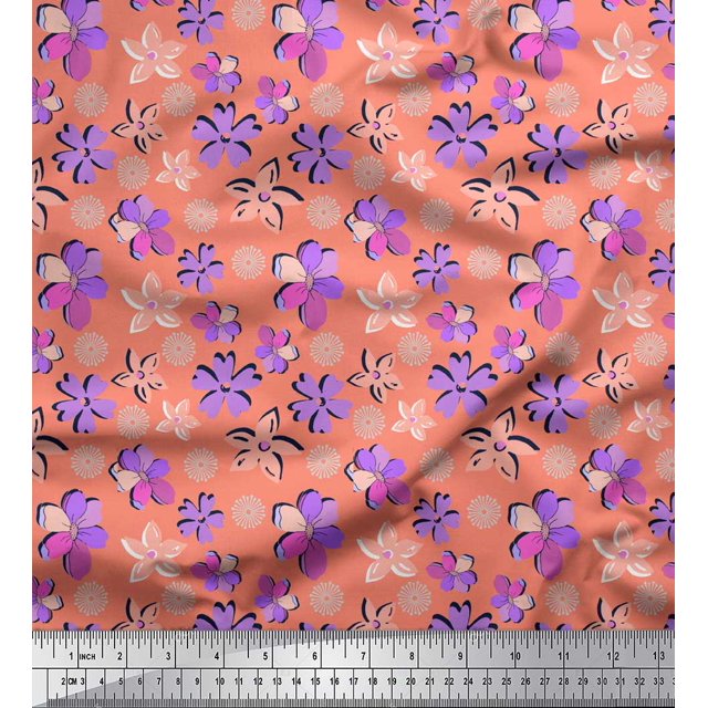 Soimoi Orange Modal Satin Fabric Artistic Floral Print Fabric by the Yard 42 Inch Wide