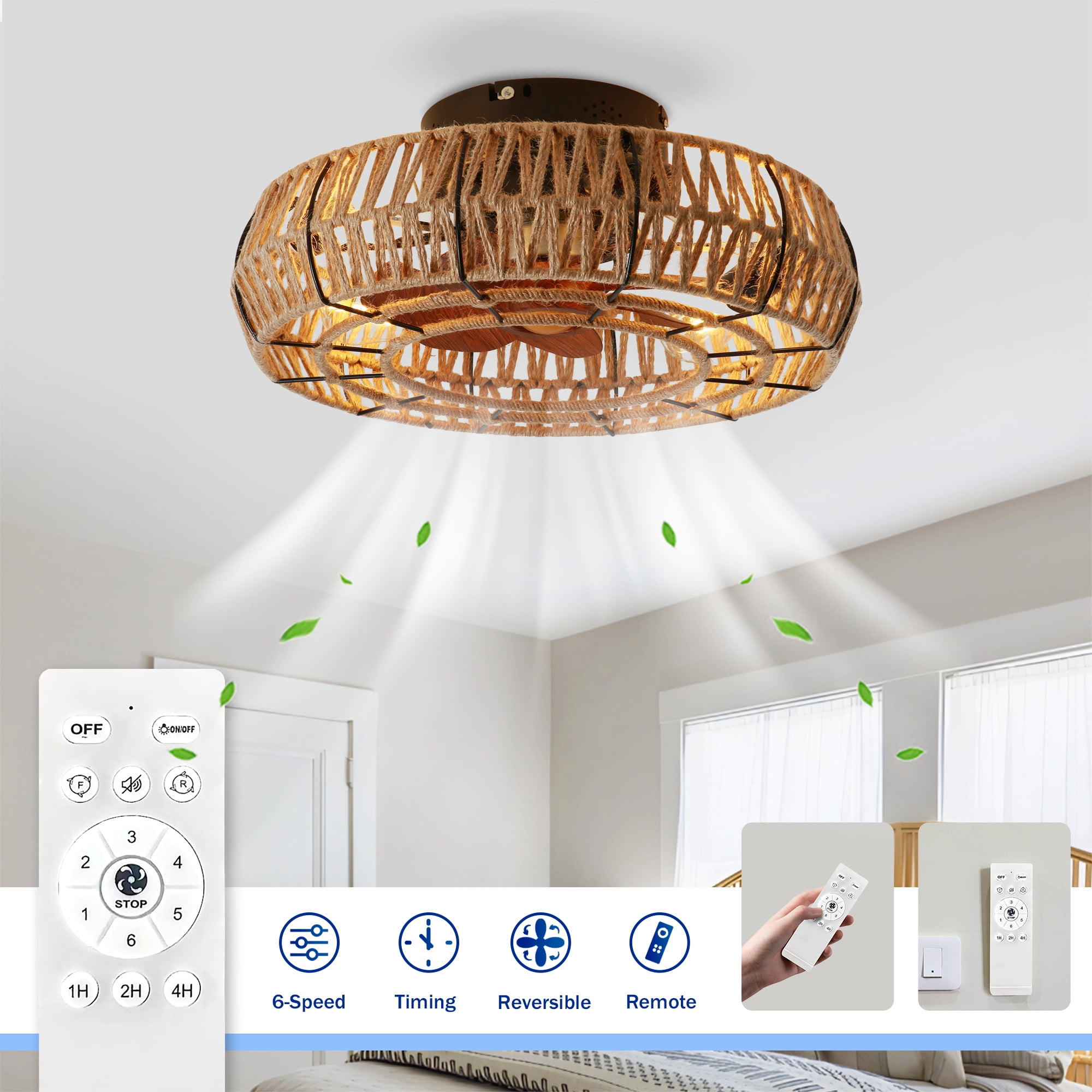 Leumius 20" Rope Caged Flush Mount Ceiling Fan with Light and Remote Control, Low Profile Chandelier 6 Speed DC Motor Reversible Ceiling Fan for Living Room Bedroom Matte Black (NOT Included Bulbs)