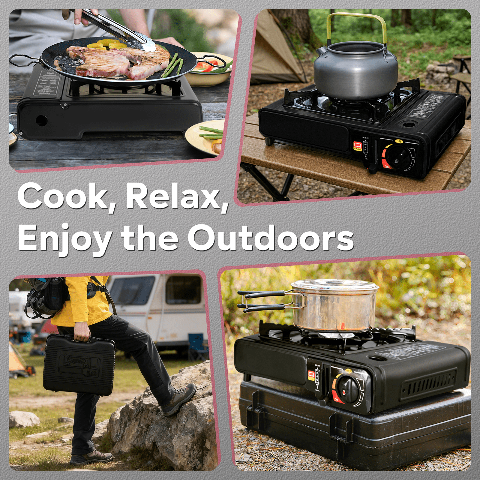 Portable Dual Fuel Gas Stove for Grill Camping and Outdoor Cooking with Butane & Propane Compatibility, Propane Adapter Hose and Carrying Case Included, 7800 BTUs Output