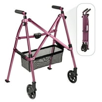 Stander Wonder Walker Plus, Lightweight Folding Rolling Walker for Seniors, Collapsible Travel EZ Fold-N-Go Walker with Wheels, Glides, & Pouch, Compact Standard Walker, Pink