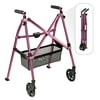 Stander Wonder Walker Plus, Lightweight Folding Rolling Walker for Seniors, Collapsible Travel EZ Fold-N-Go Walker with Wheels, Glides, & Pouch, Compact Standard Walker, Pink