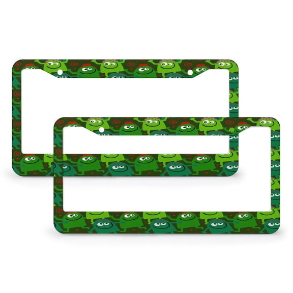 2 PCS Cute Green Animal License Plate Frames Abstract Modern Standard Car Tag Cover Holder Aluminum Metal 2 Round Holes for Girl Women Men Vehicles