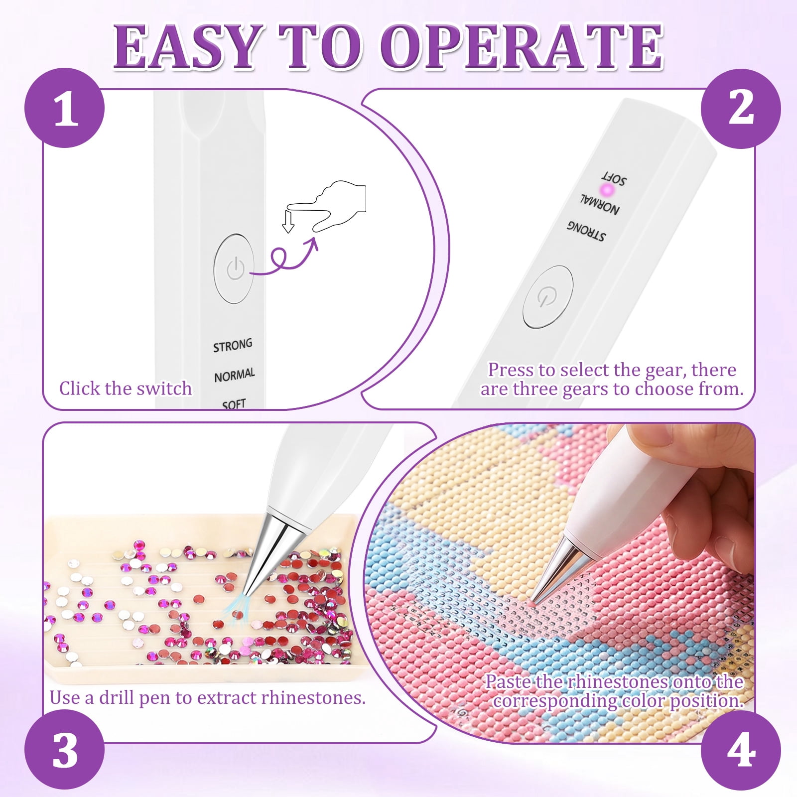 Electric Diamond Painting Pen Kit Cordless USB-C Rechargeable Diamond Art Tool with Vacuum Pickup No Wax for DIY Craft Lovers (White)