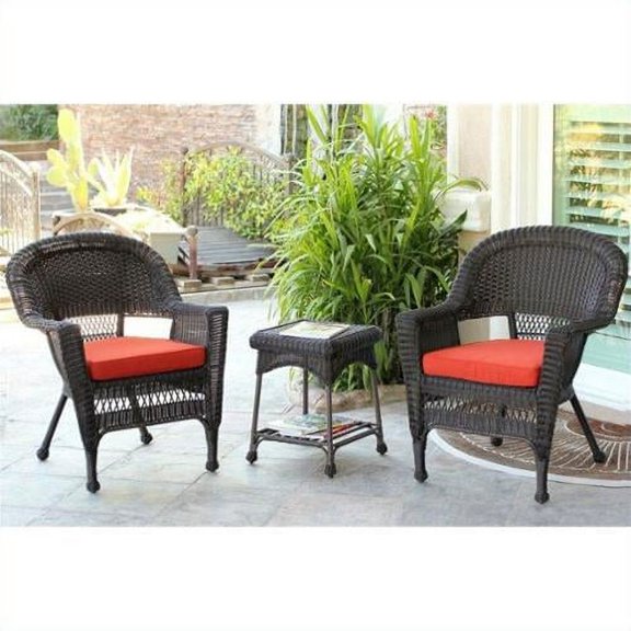 Jeco 3 Piece Wicker Conversation Set in Espresso with Red Cushions