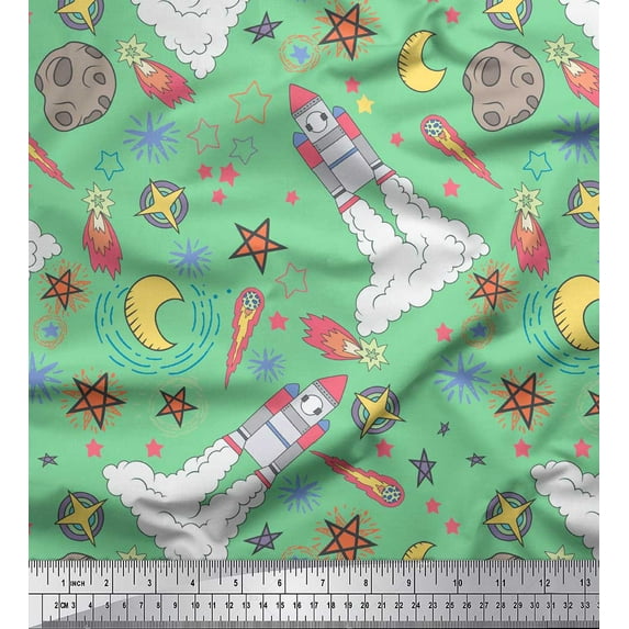 Soimoi Green Modal Satin Fabric Stars & Rocket Galaxy Print Sewing Fabric Yard 42 Inch Wide