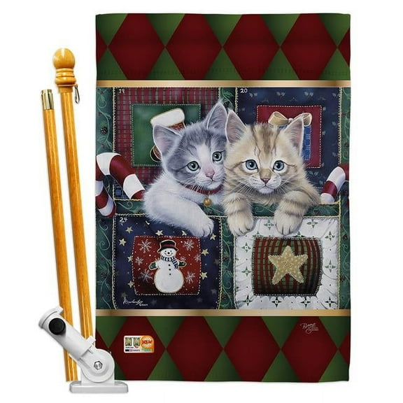 Breeze Decor BD-XM-HS-114097-IP-BO-D-US12-AL 28 x 40 in. Christmas Calendar Kittens Winter Impressions Decorative Vertical Double Sided House Flag Set with Pole Bracket & Hardware