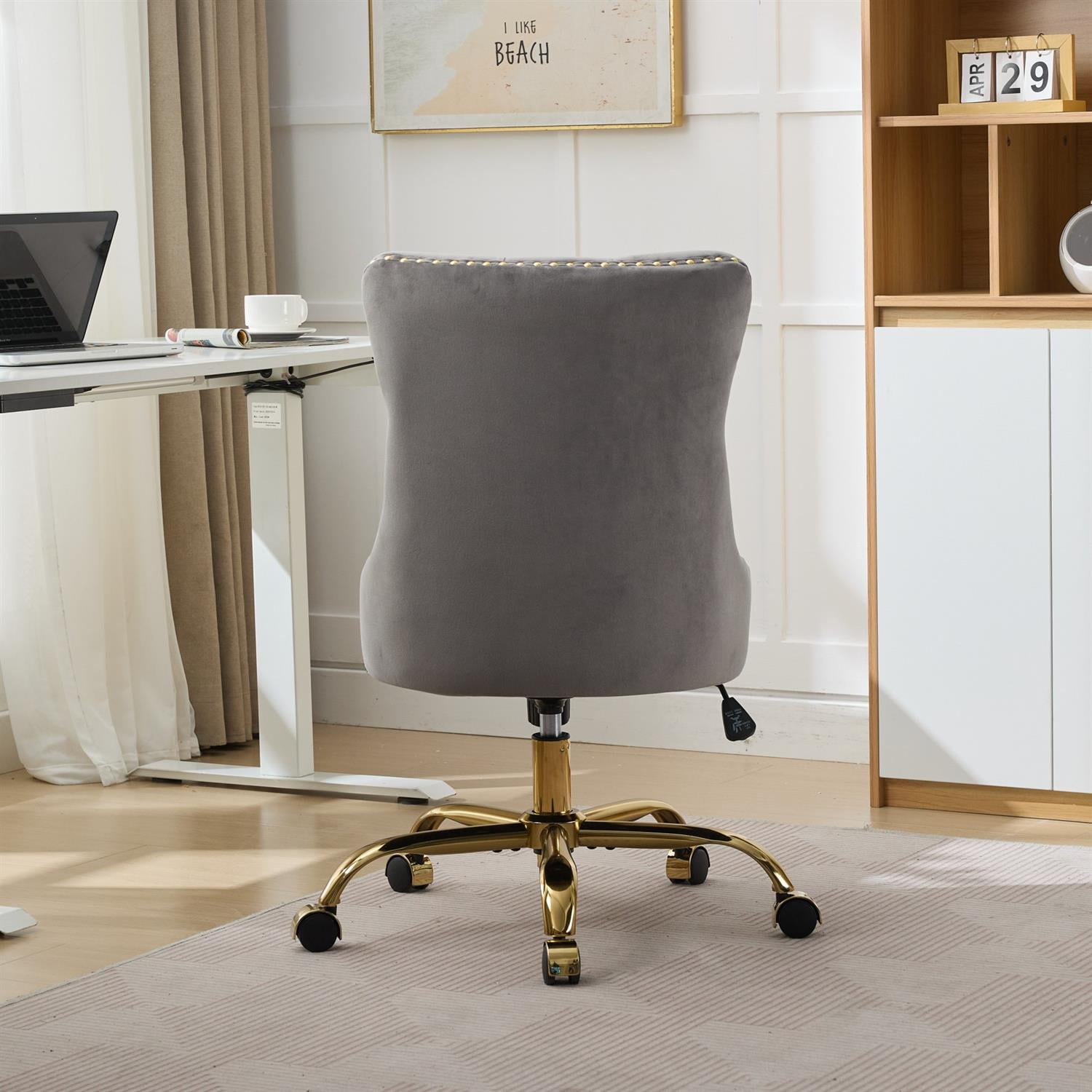 Demi Bonn 38" Tufted Button Velvet Upholstered Desk Chair with Adjustable Swivel, Metal Base for Home Office, Study, Gray