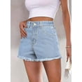 thumbnail image 6 of EMMIOL Women's High-Mid Waisted Stretch Denim Jean Shorts Frayed Raw Hem Solid Casual Boyfriend Y2K Curvy Jorts, 6 of 7