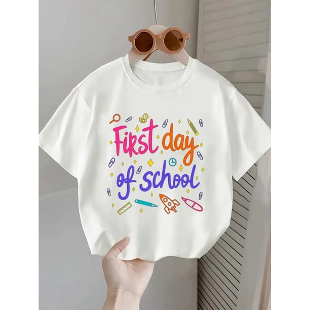 Girl's First of School Graphic Short Sleeve T-Shirt - Playful Pencil & Star Print, Soft Stretch Fabric, Round Neck, Machine Washable, Spring/Summer Casual Comfortable Fit