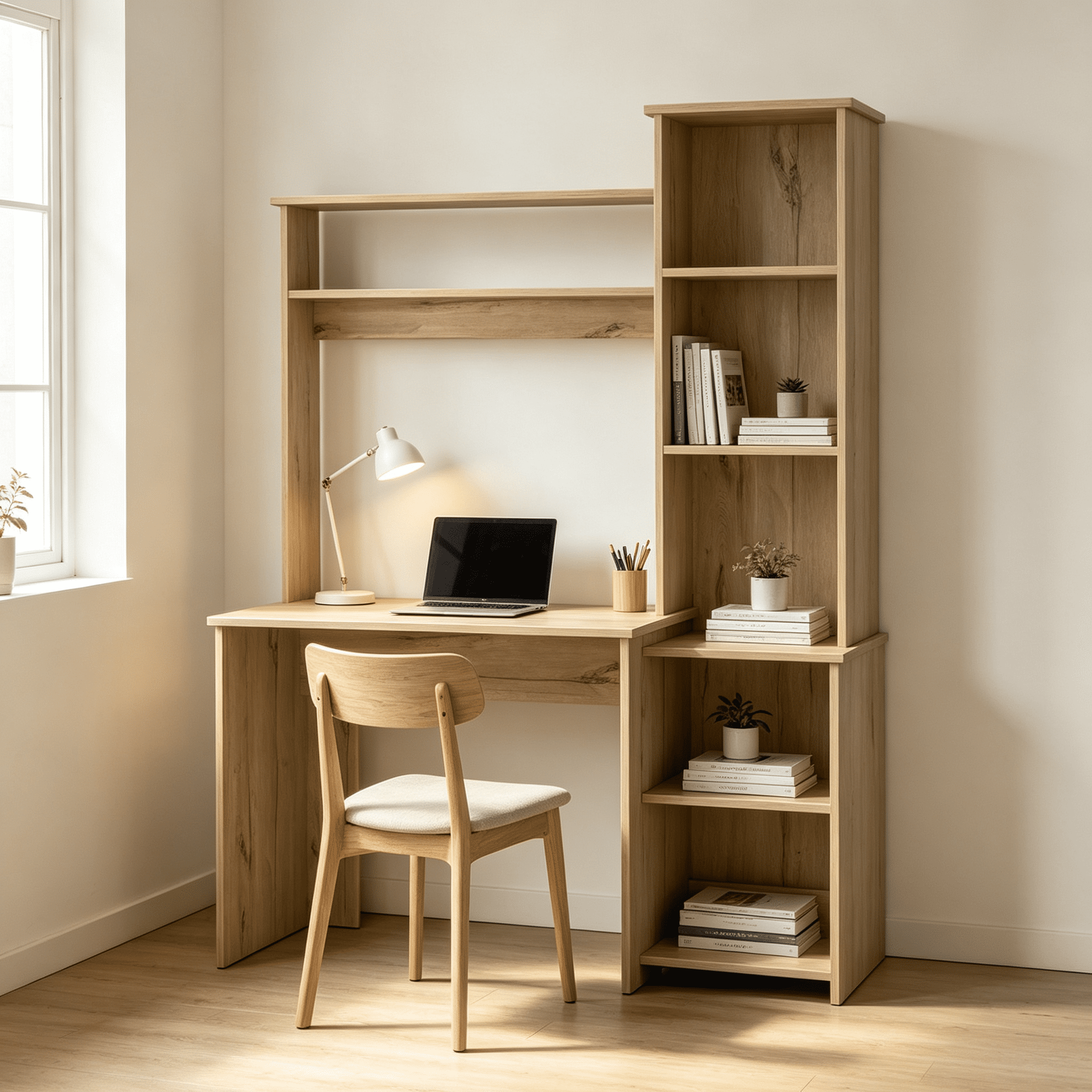 Astoutdoor Versalles Writing Desk with Two Shelves and Five Cubbies, Light Oak