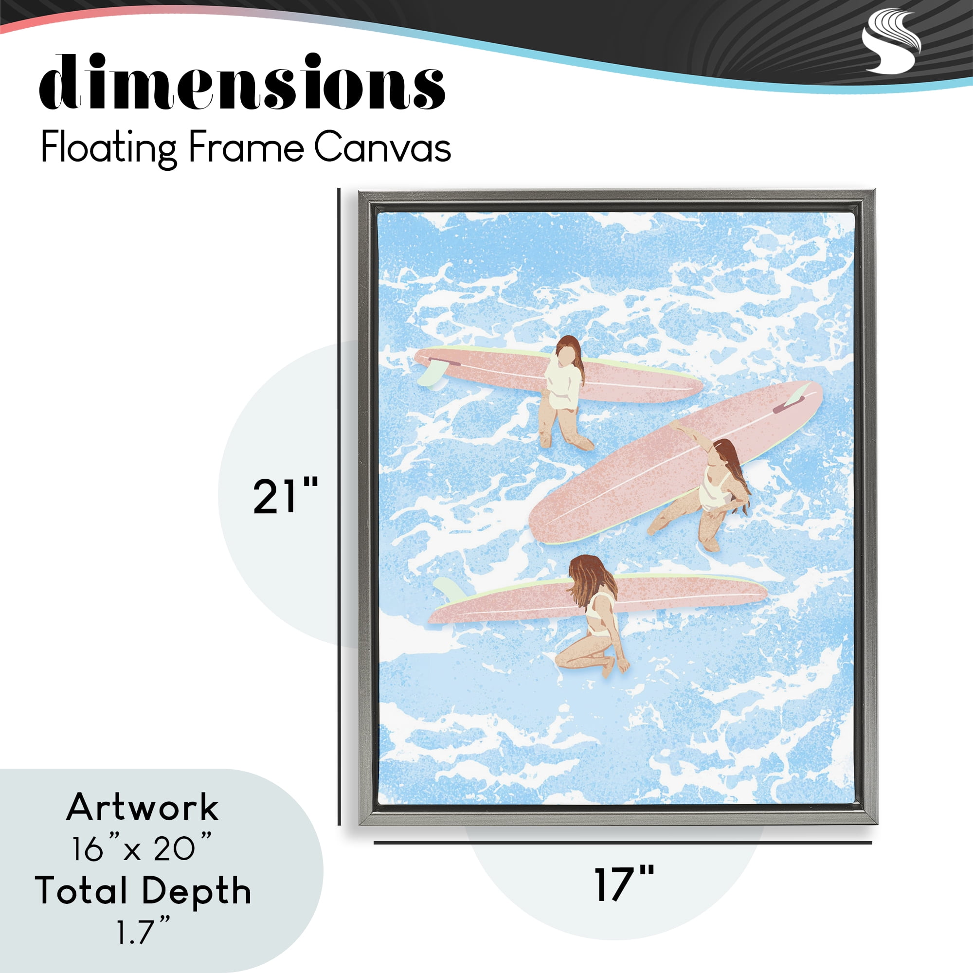 Surfing Girls Trio Gray Framed Floater Canvas Wall Art, design by Ziwei Li