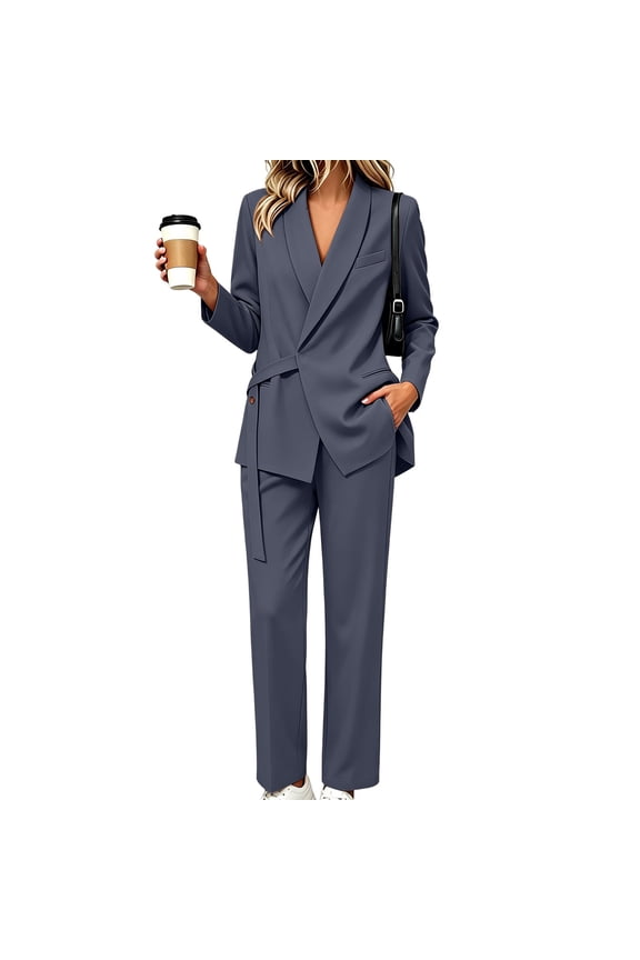Suit Set for Women High Waist Straight Leg Tailored Trousers with Pockets Lightweight Stretch Blazer Business Office Work Outfits Gray M