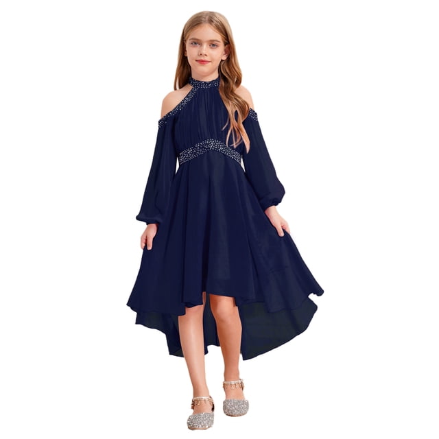 LiiYii Robe de Demoiselle d'Honneur Épaules Dénudées Manches Longues Haute Basse en Chiffon Robe de Fête Formelle Bleu Marine 14