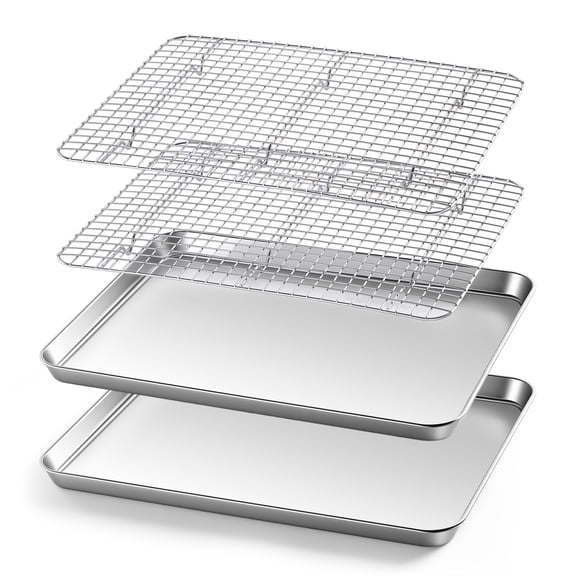 Walchoic Baking Pan with Rack Set(2 Pans 2 Racks), 16” x 12” Stainless Steel Cookies Sheet Baking Tray Pan with Grid Rack, Large Baking Set for Roasting , Heavy-duty & Dishwasher Safe