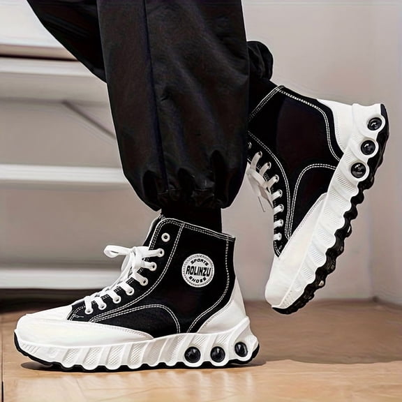 [High Top Shoes] Explosive High Top Shoes for Spring and Summer 2025 | New Height Increasing Thick Soled with Wavy Sole, Classic Black Sports Canvas Shoes for Men | AOPLUS Brand, Mid Top, Fit