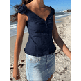 thumbnail image 4 of Women Y2k Coquette Button Down Slim Fit Shirt Frill Cap Sleeve V Neck Crop Top 90S Vintage Blouse, 4 of 5