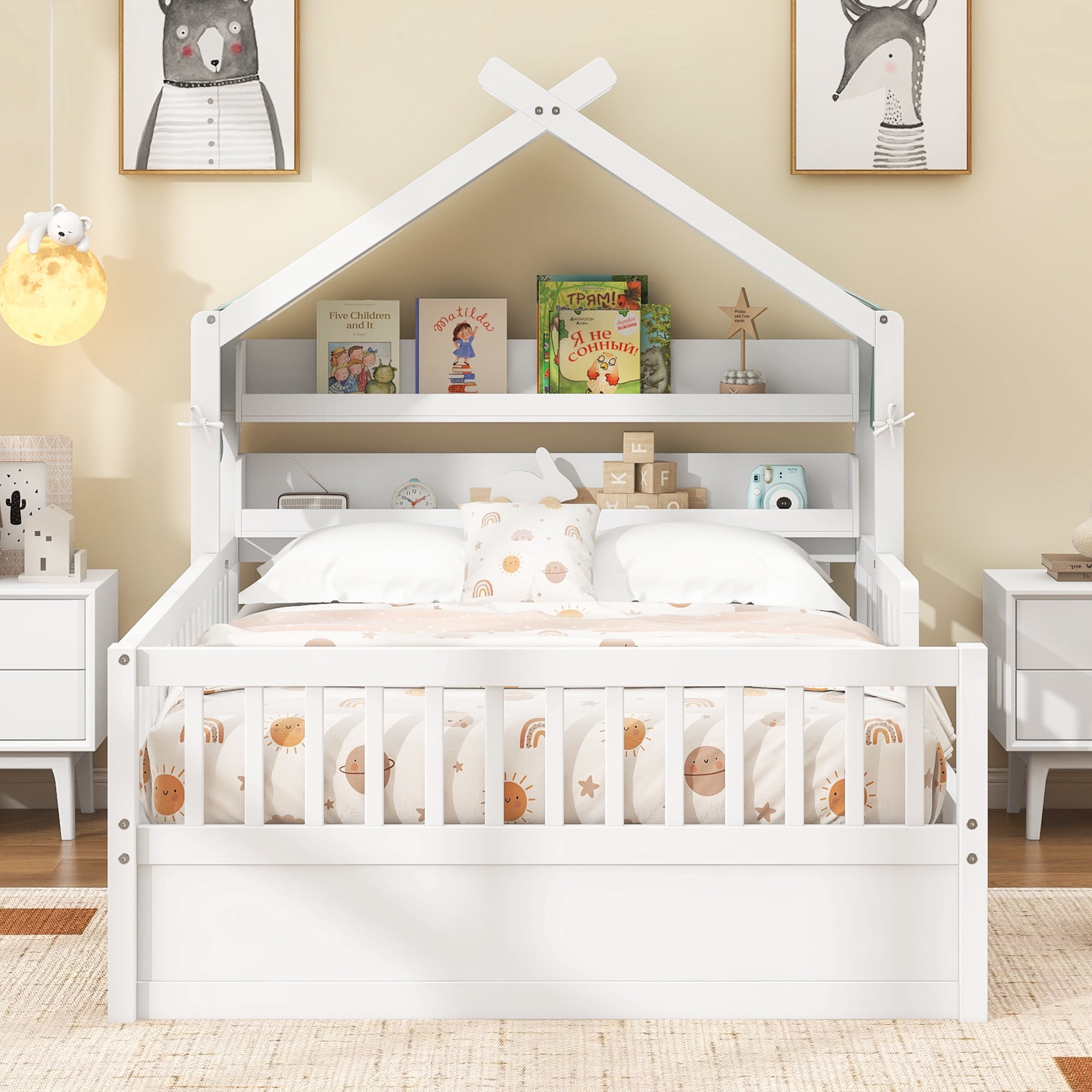 Euroco Wood Twin Size Platform Bed with Storage Headboard and Canopy, White