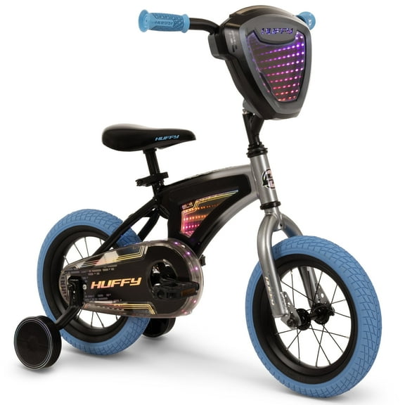 Huffy 12” Electro-Light Kids Bike, LED Infinity Light Frame, Chainguard, and Front Plate, Coaster Brake, Removable Training Wheels, Fits Riders 37” - 42”, Gray/Blue