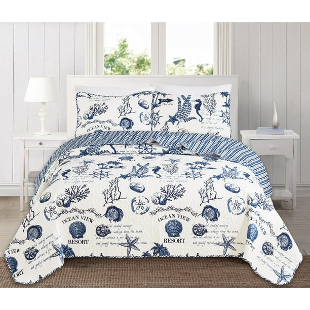 Great Bay Home Catalina Coastal 3Piece Reversible Quilt Set, Queen