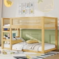 thumbnail image 2 of Mirightone Wood Low Twin Over Twin Bunk Bed with Rattan Guardrail, Low Floor Bunk Bed with Storage Shelves (Natural), 2 of 8