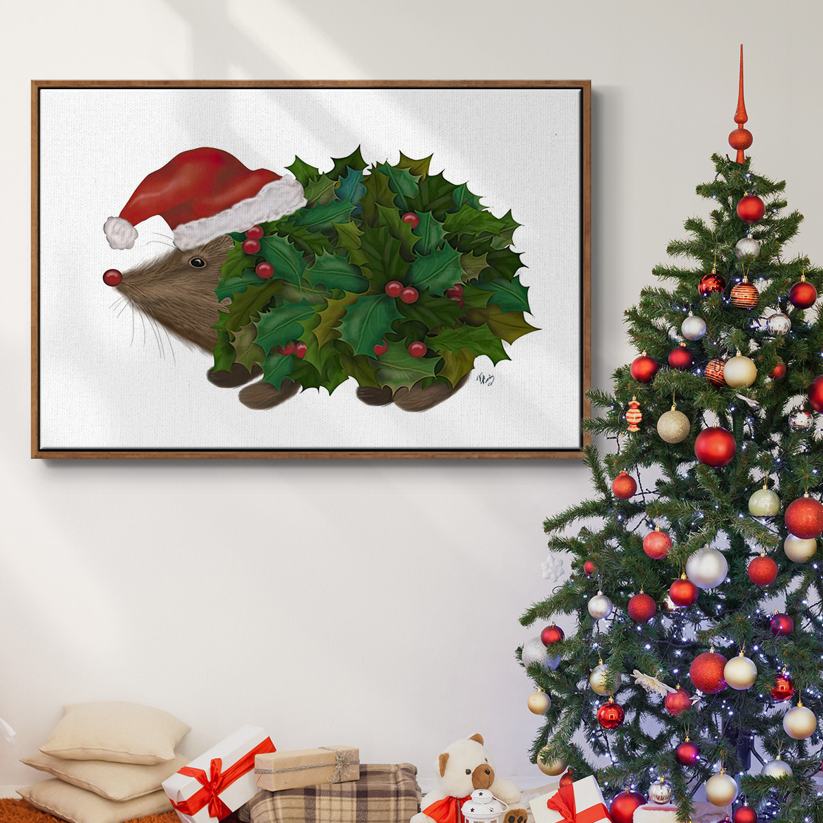 Christmas Holly Hedgehog - Framed Gallery Wrapped Holiday Canvas - 27 x 41 - Rosewood Frame