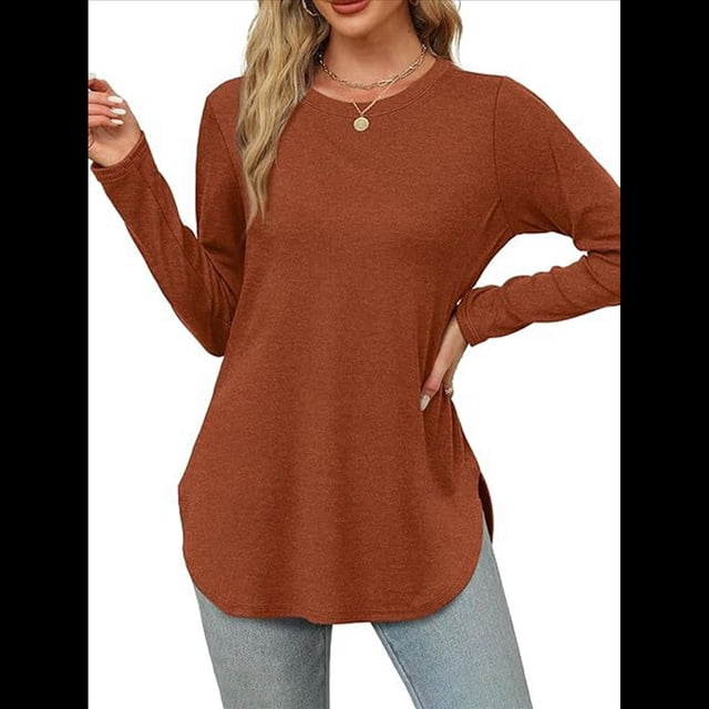 Camisa de Larga con Cuello Redondo para Mujer, Básica, Holgada, Informal Rojo Ladrillo M