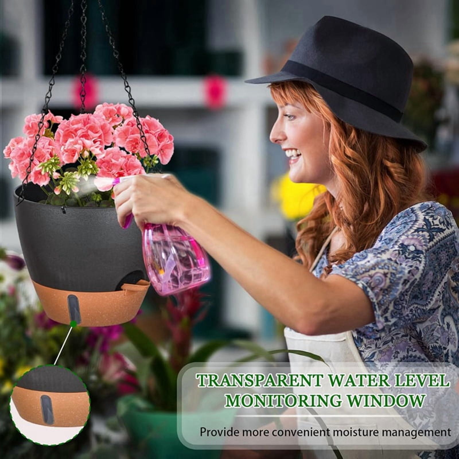10 Inch Hanging Planter for Indoor Plants, 2 Pack Self Watering Hanging Baskets Flower Pots with Drainage Hole Black
