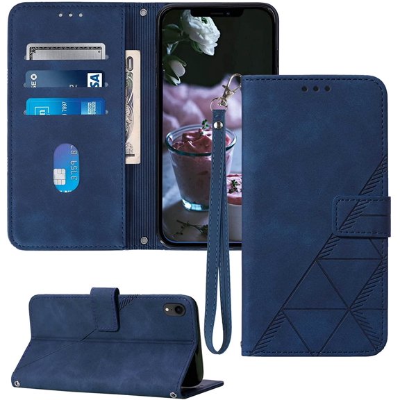 Compatible for iPhone XR Wallet Case,[Kickstand][Wrist Strap][Card Holder Slots] TPU Interior Protective PU Leather Folio Flip Cover for iPhone XR Case Wallet (Blue)