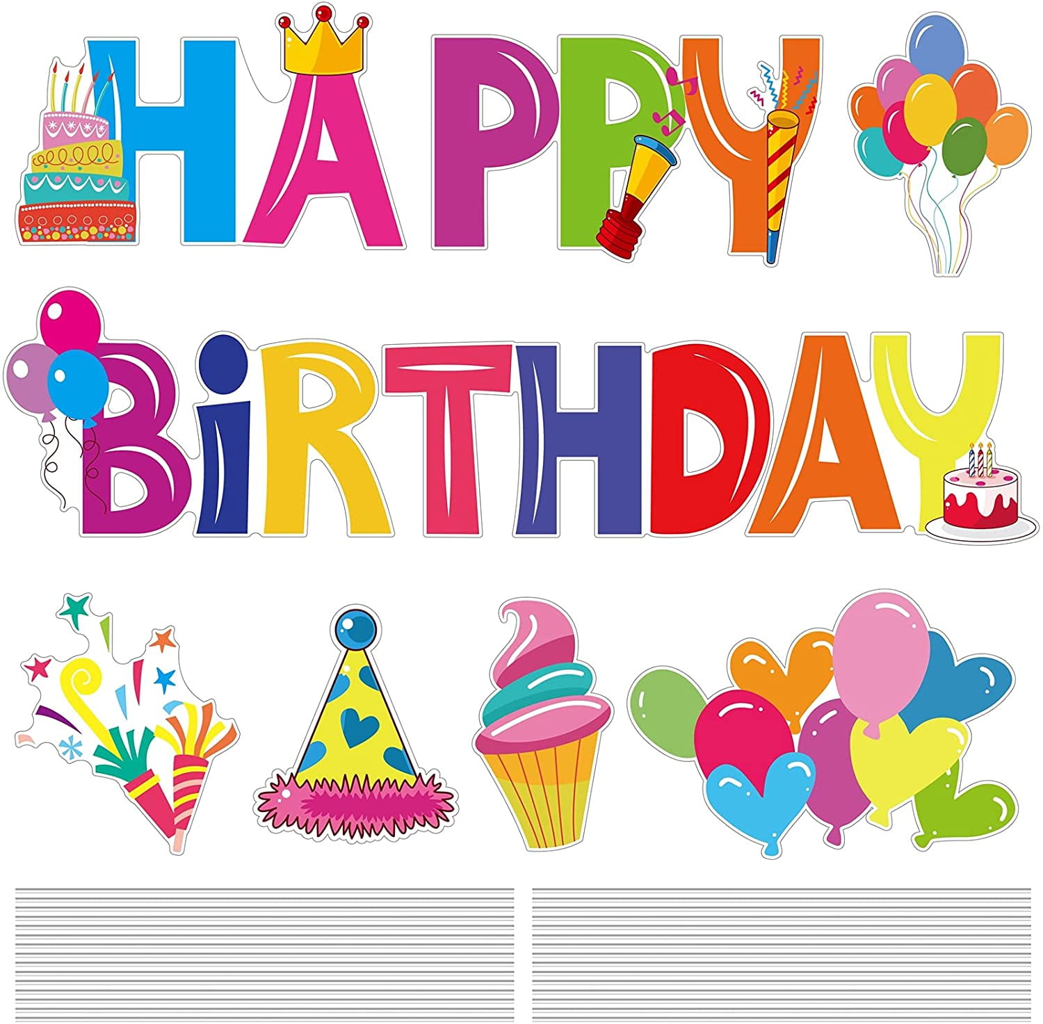 10 Pieces Happy Birthday Lawn Yard Signs with Stakes Colorful Outdoor Birthday Sign Corrugated Plastic Signs with Letters, Party Hat, Hearts, Fireworks, Balloons, Ice cream