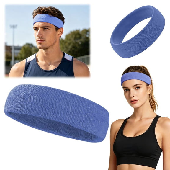 Stretchy Cotton Terry Sweat Wicking Sports Headbands Non Wide Knit Workout Hair Bands Moisture Absorbing Athletic Head Wraps for Running Cycling Yoga Gym Outdoor Exercise