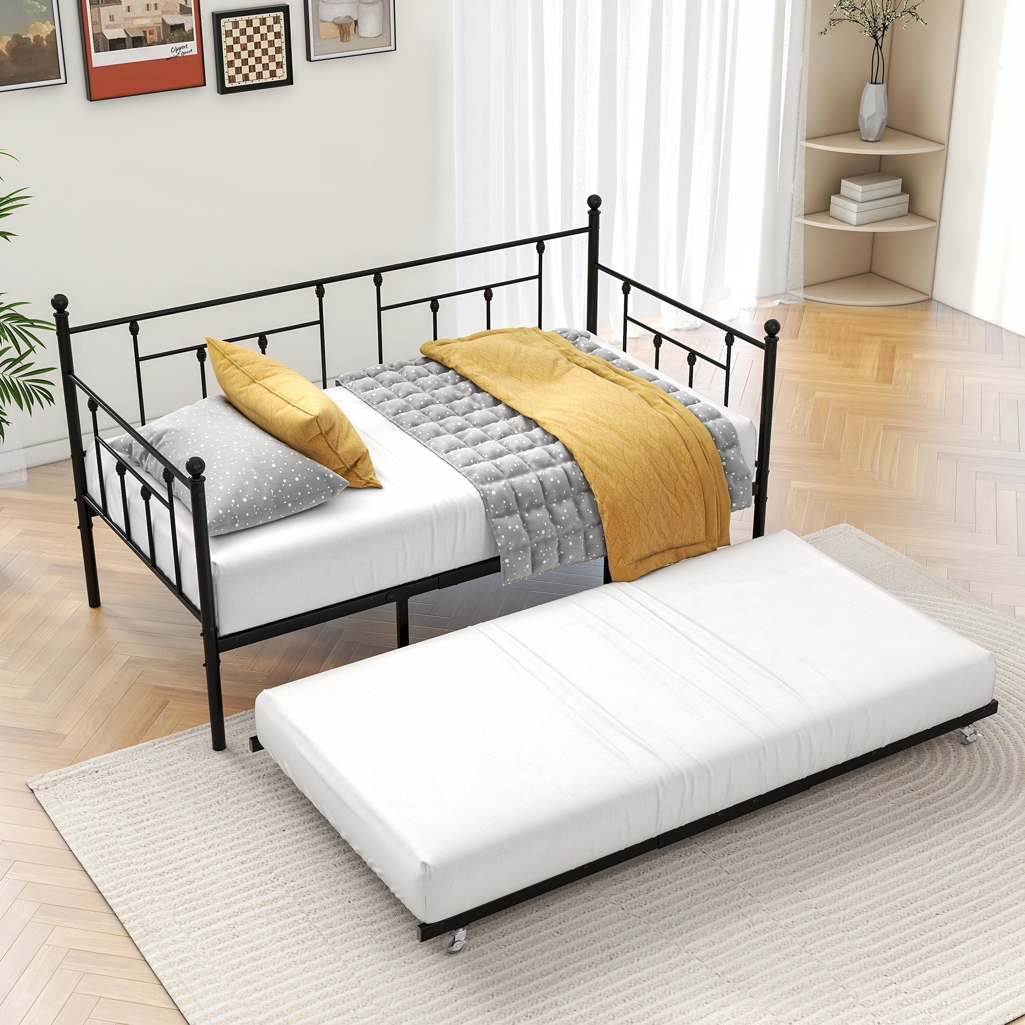 MAYEERTY Twin Size Black Victorian Style Metal Daybed with Trundle: Versatile Sofa Bed for Guest Room, Bedroom & Living Room​