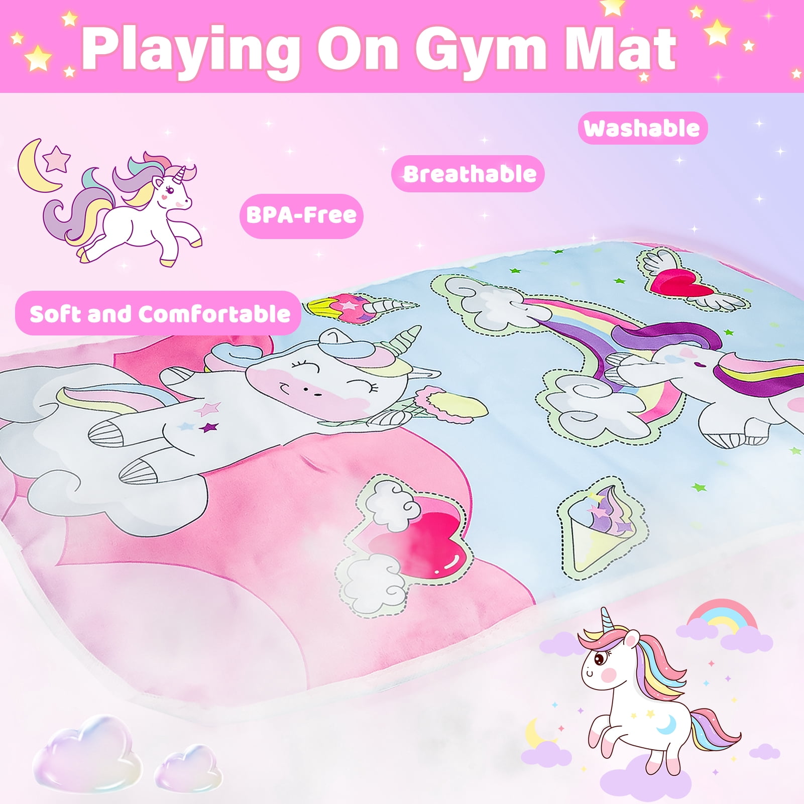 LINXUXIE 2 in 1 Baby Gym Playmat with Music and Lights,Infant Tummy Time Mat with 5 Sensory Montessori Toys & Mirror,Newborn Gifts for 0-3 6-12 Month