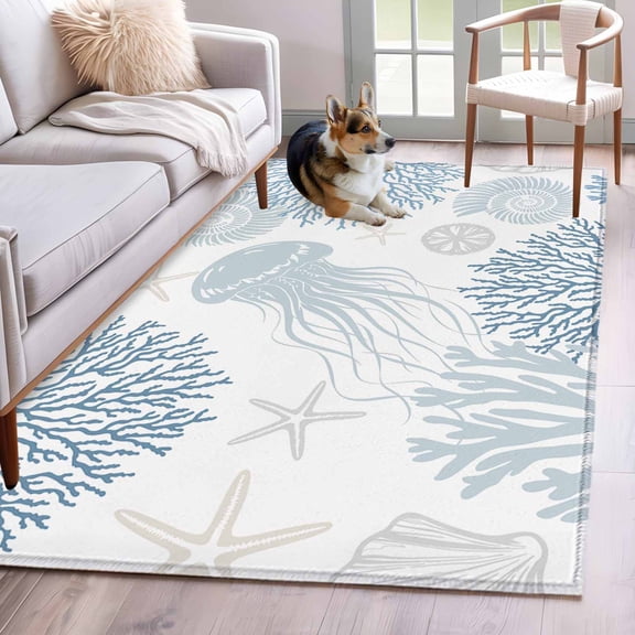 Light Blue Coastal Area Rug 3x5 Washable Rug Non Slip Coral Jellyfish Starfish Ocean Nautical Large Area Rug Indoor Floor Carpet for Entryway Bedroom Kitchen Living Room Home Office Dining Room